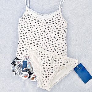 Brandy Melville Cream Beige Navy Floral Tank Top + Underwear Panties Bundle Set